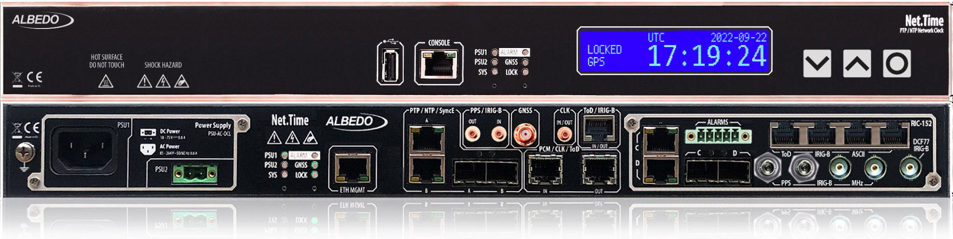 Net.Time Ω with display – modular PTP/NTP/SyncE clock with 4 GbE ports.