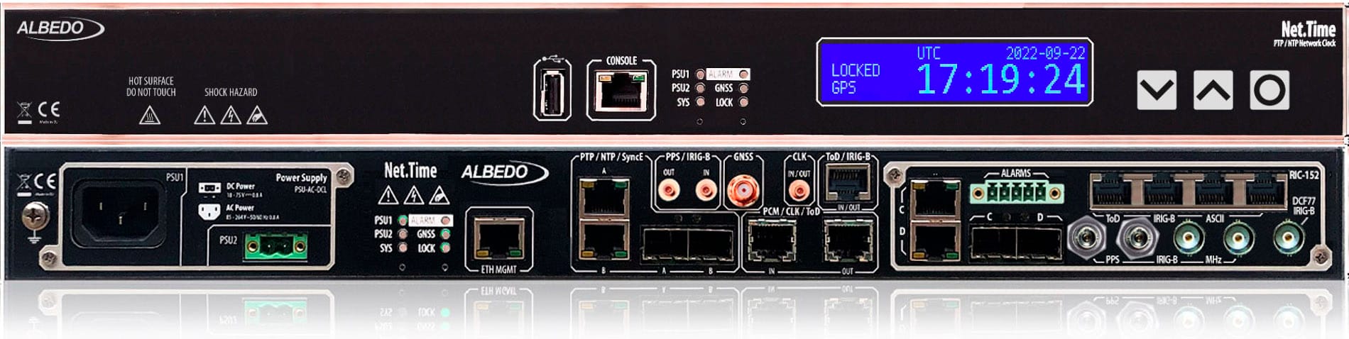 Net.Time Ω z wyświetlaczem – modułowy zegar PTP/NTP/SyncE z 4 portami GbE.