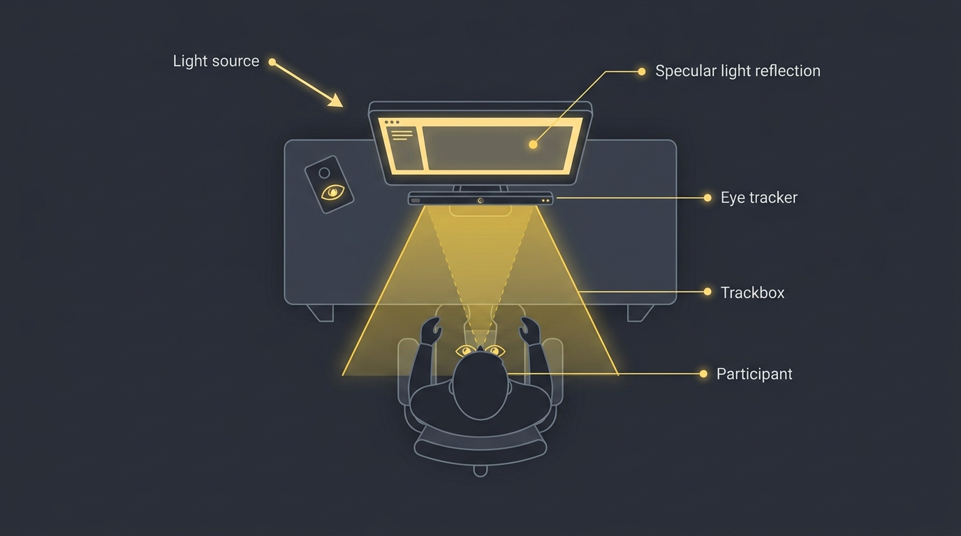 Screen-based eye-tracking workstation control view — geometry schematic, trackbox, and lighting