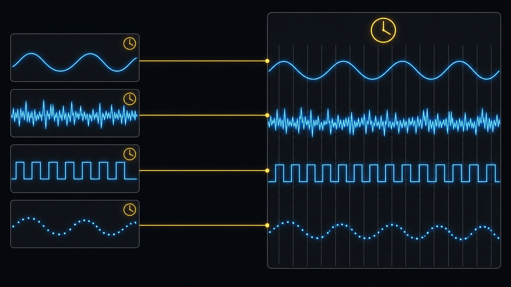 Four independent measurement streams, each with its own clock, converging onto a single shared timeline with one master clock