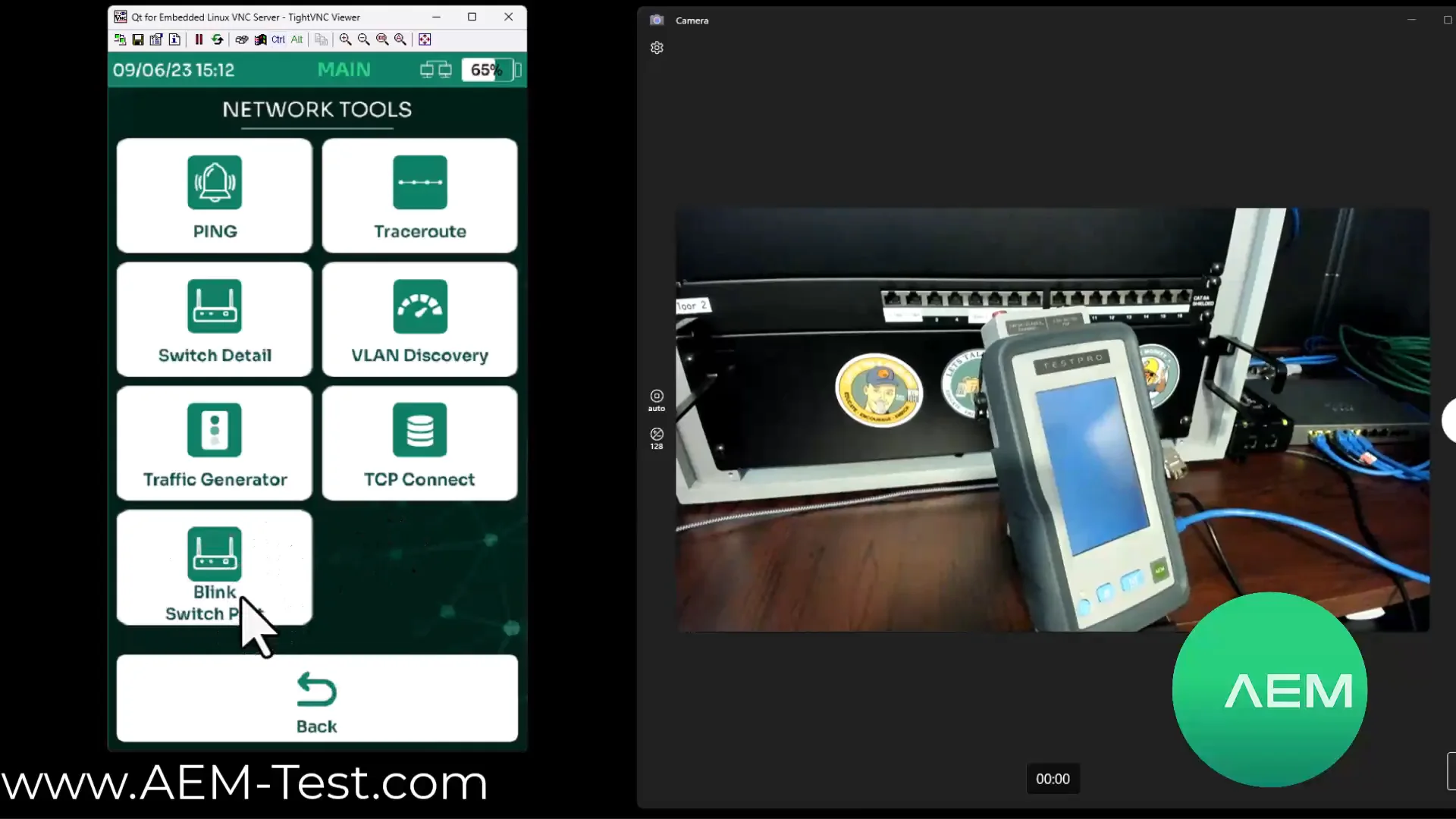 AEM TestPro Network Tools screen with Ping, Traceroute, Switch Detail, and VLAN Discovery
