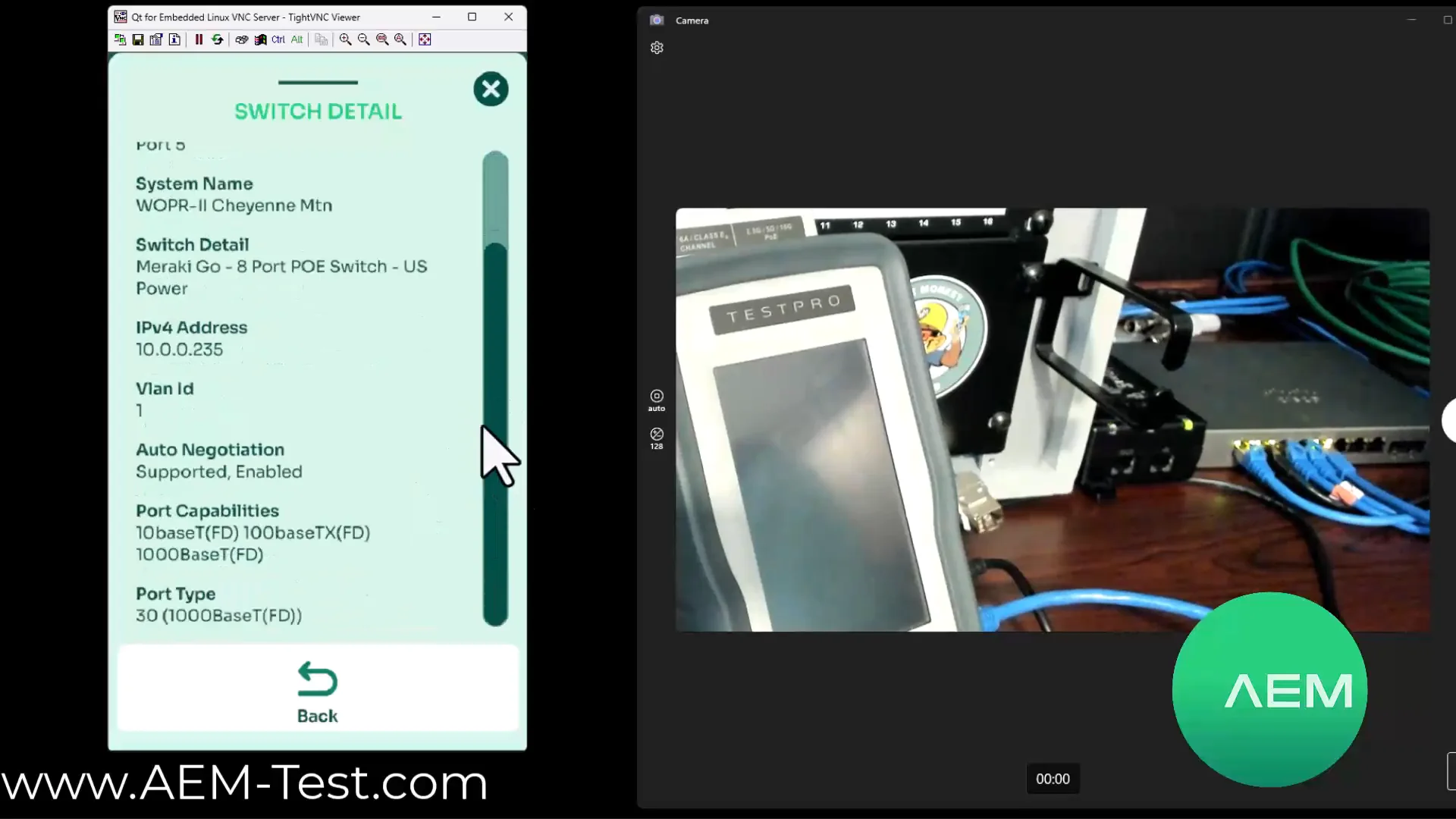 Switch and port details displayed by AEM TestPro