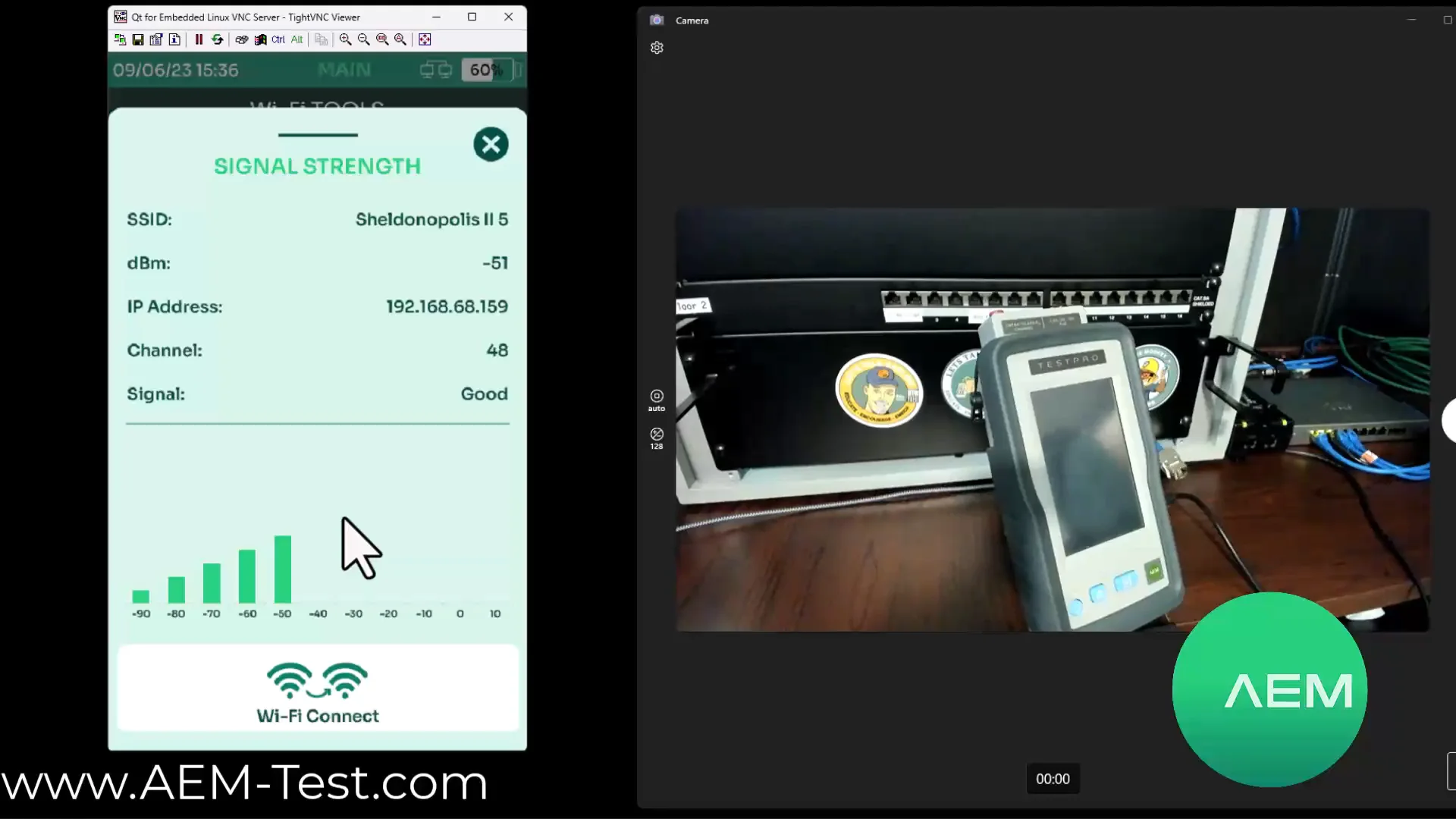 AEM TestPro Wi-Fi signal strength screen with SSID, channel, and RSSI