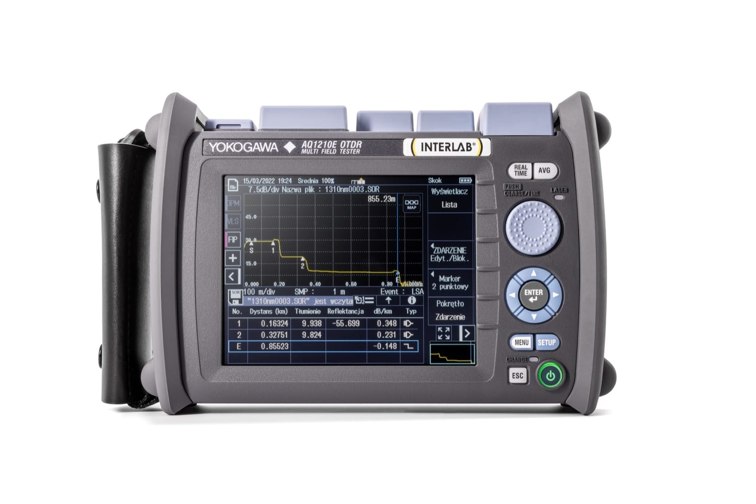 Yokogawa AQ1210E front panel showing an OTDR trace and event table