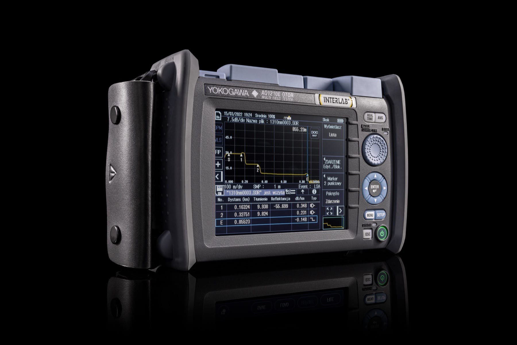 Yokogawa AQ1210E optical time-domain reflectometer displaying an OTDR trace
