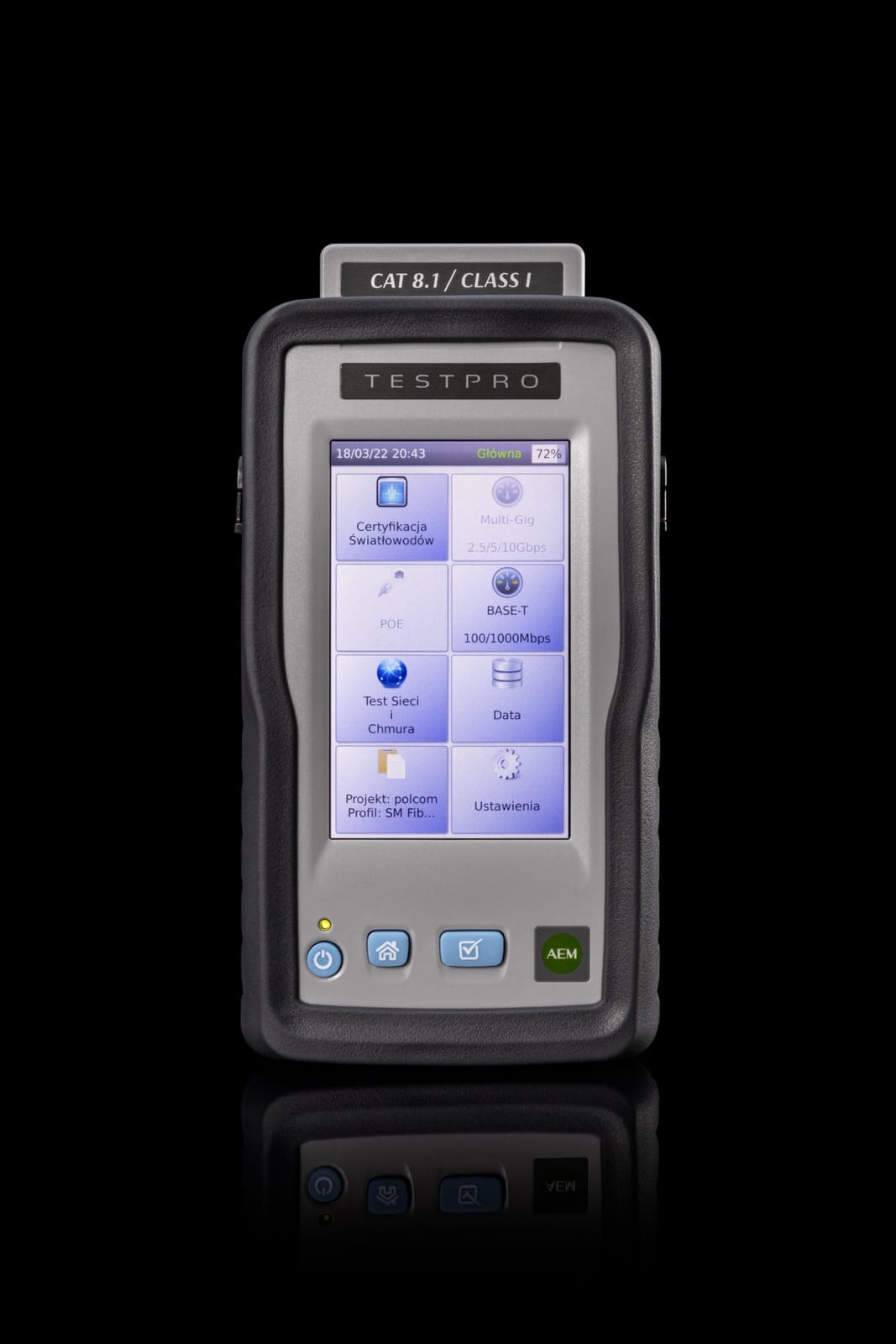 AEM TestPro CV100 with Cat 8.1 / Class I adapter — function menu: fibre certification, Multi-Gig, PoE, network and cloud tests