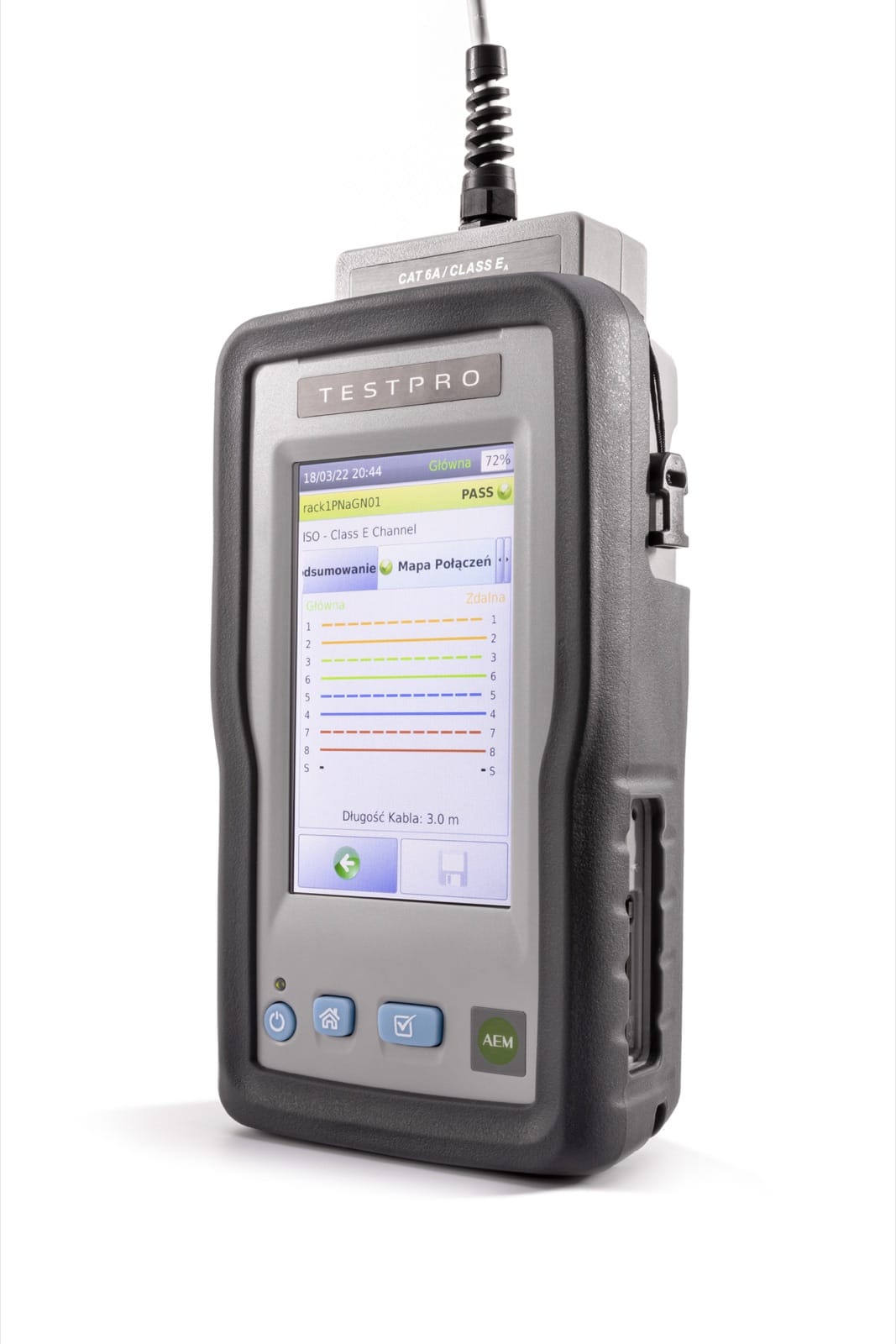 AEM TestPro CV100 — PASS autotest result with wiremap, Cat 6A / Class EA adapter